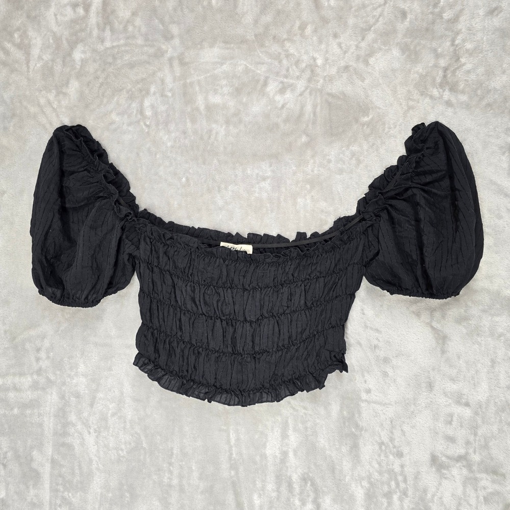 Little Lie Smocked Crop Top Women L Blk Puff Sleeve Goth Milkmaid Layer Coquette